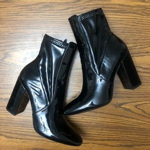patent leather block heel booties
